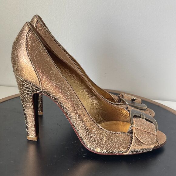 Dolce & Gabbana Pumps Heels Size 40 Metallic Crackled Leather Peep Toe - Picture 1 of 11